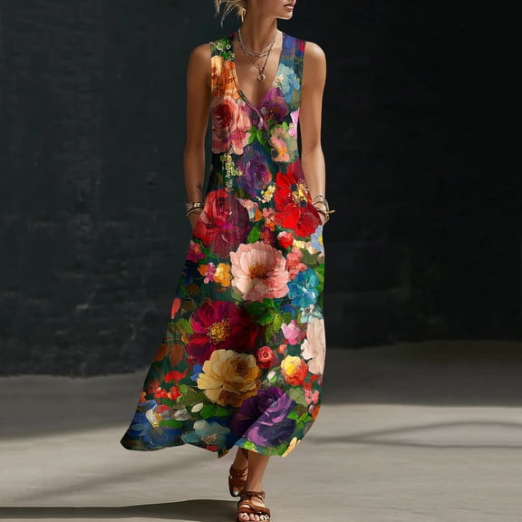HBYJLZYG Women's Sleeveless V Neck Floral Maxi Dress with Pockets, Loose Fit Casual Boho Summer Long Dress for Vacation Beach and Daily Wear