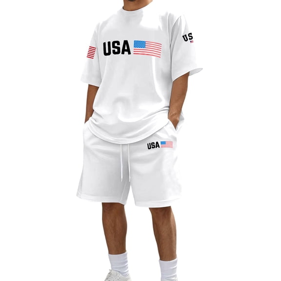 IWRICH 4th of July Independence Day Outfits for Men USA Flag Short Sleeve Shirts and Shorts Set 2 Piece Athletic Jogging Tracksuits White XL