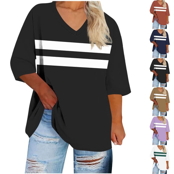 RongHuan 3/4 Sleeve T-Shirts for Women Plus Size Striped Tops Loose Fit Crew Neck Tshirt Oversize Color Block Shirt