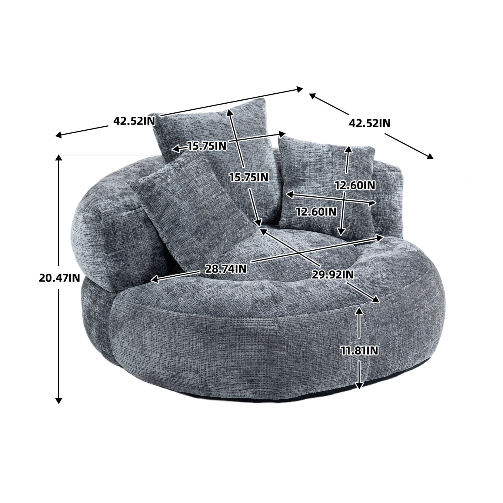 Oversized Chenille Bean Bag Chair for Adults & Kids, Indoor & Outdoor Lazy Bean Bag Sofa with Wrap-Around Backrest & Pillows for Bedroom, Living Room, Playroom, 42.52''x42.52''x20.47'', Gray