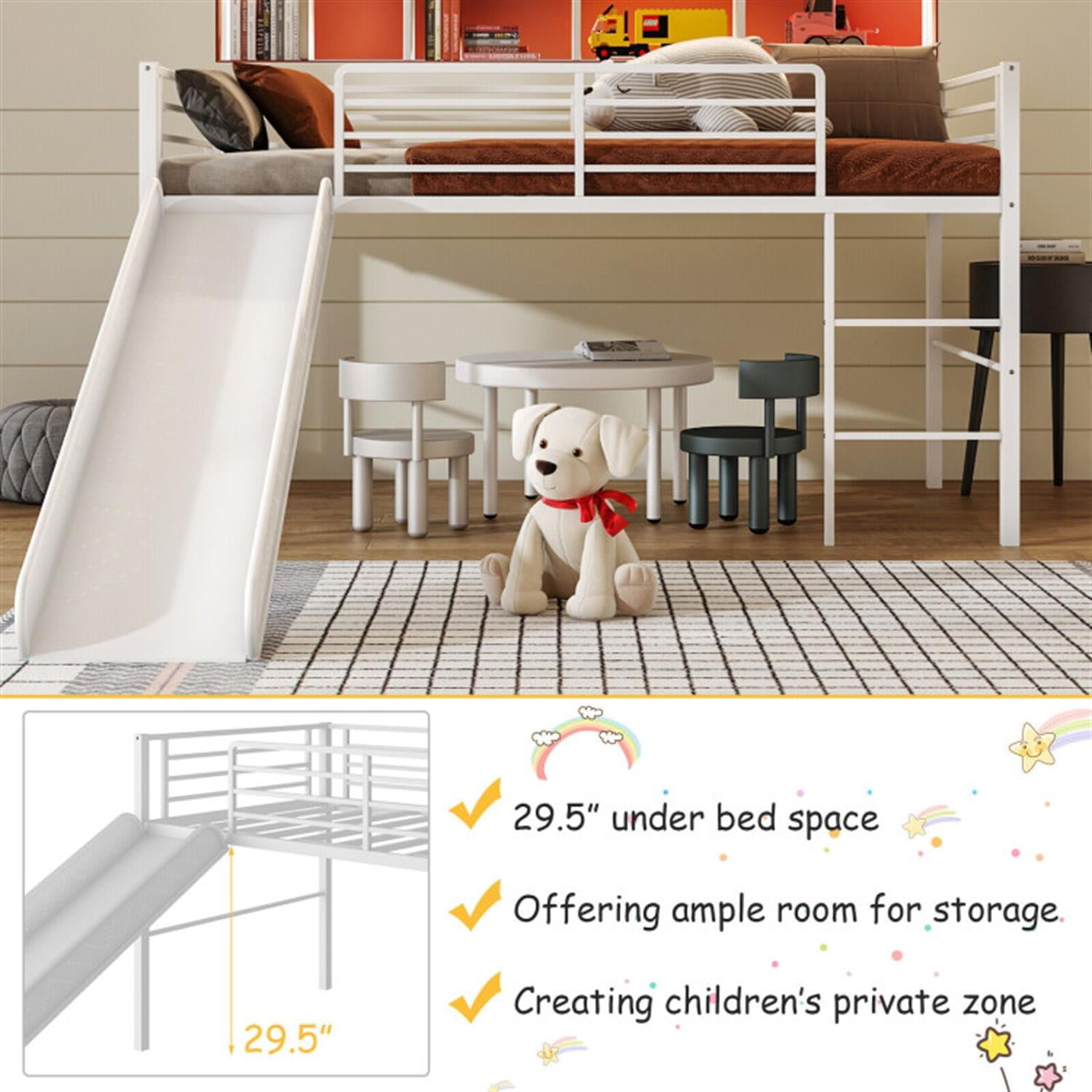 Demi Bonn Twin Metal Loft Bed with Slide Safety Guardrails and Built-in Ladder for Teens, White