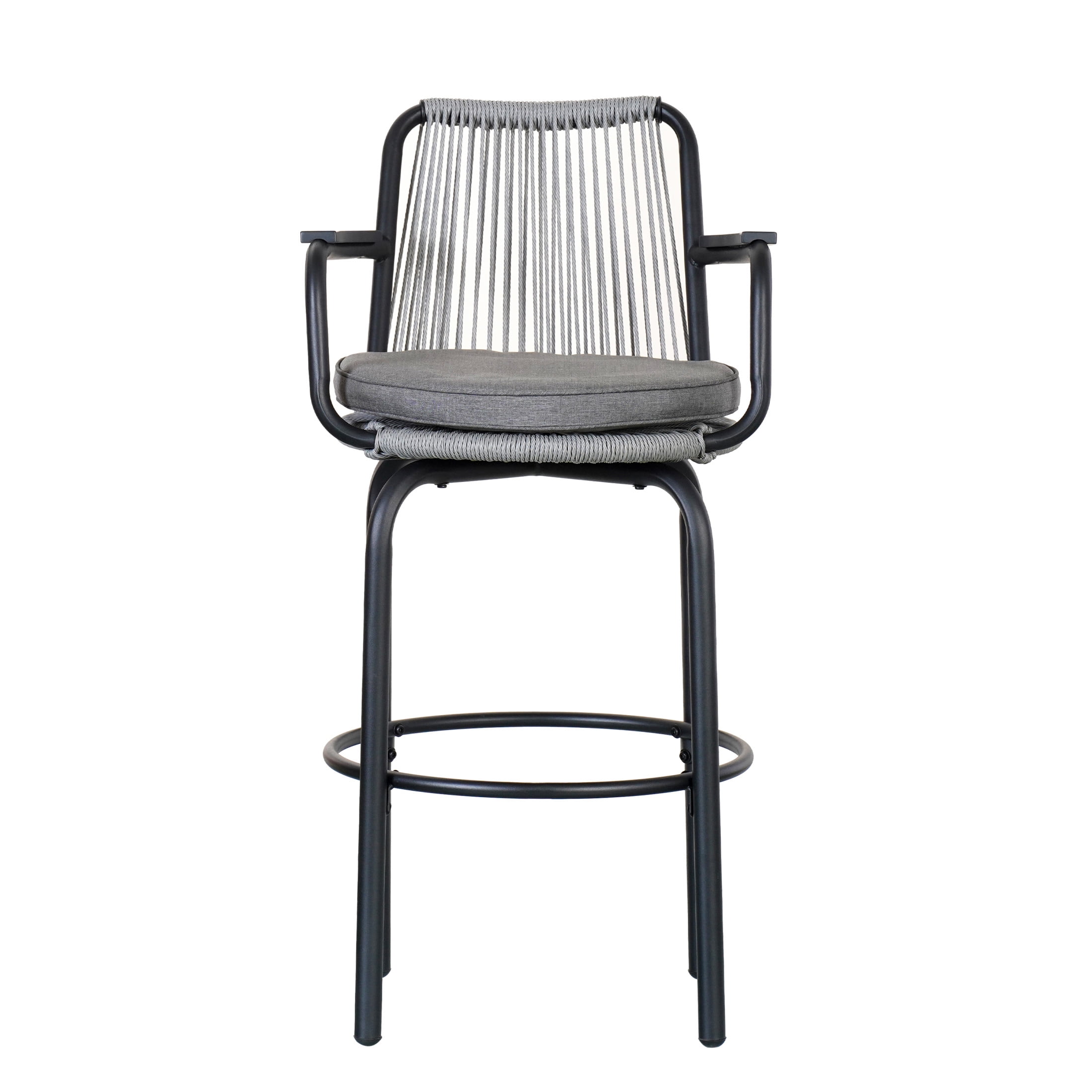 Lyric Modern 29" Outdoor Patio Bar Stools, Bar Chairs with Wood Grain Finish Frame with Hand-Woven PE Rattan Rope, Removable Cushions, Black+Gray, Set of 2