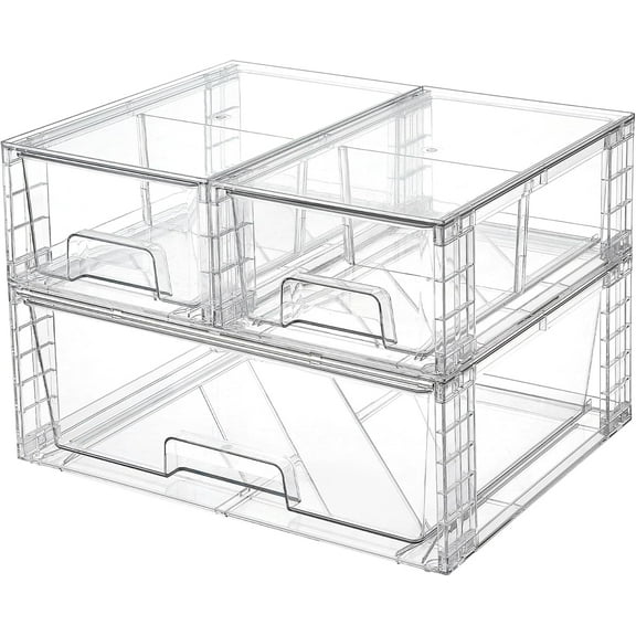 Vtopmart 3 Pack Stackable Storage Drawers, Easily Assemble Acrylic Bathroom Undersink Organizers,Clear Plastic Storage Bins for Closet,Cabinet,Pantry,Medicine Organization