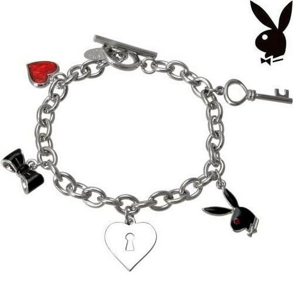 Playboy Bracelet Bunny Charm Heart Lock Key Bow Tie Toggle Platinum Plt Playmate