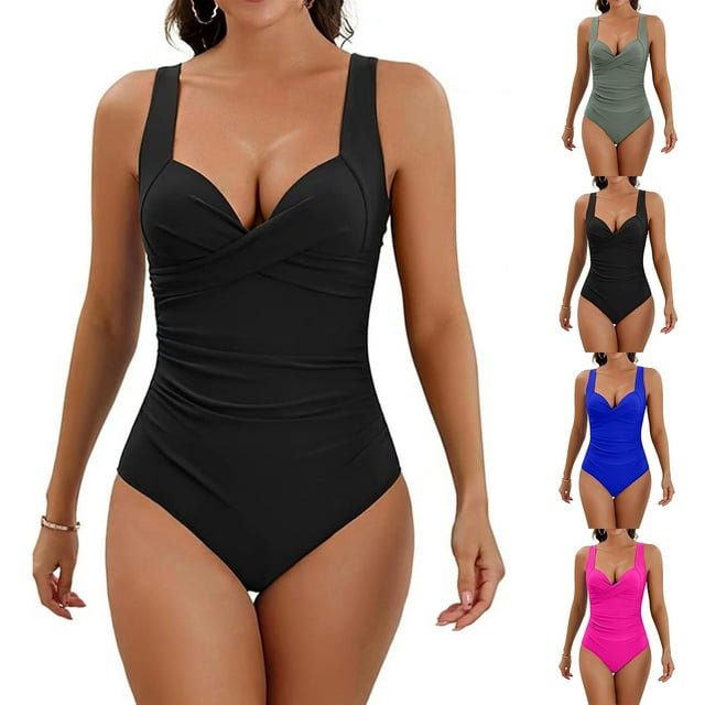 CFLVAEK Black One Piece Swimsuits for Women Tummy Control Full Coverage Bathing Suits Solid Color Slimming Modest Sporty Swimwear with Padded Black XXL