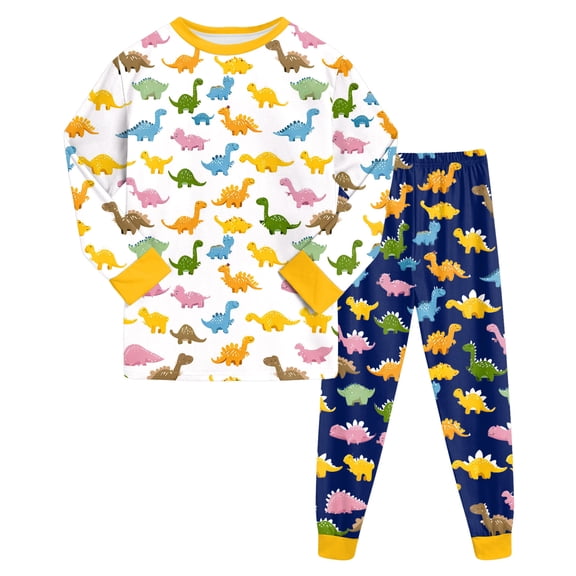 KPOPLK Toddler Boys Pajamas Fall Winter Pjs for Boy Dinosaur Print Jammies Long Sleeve Sleepwear Set Yellow Size 6-7 Years