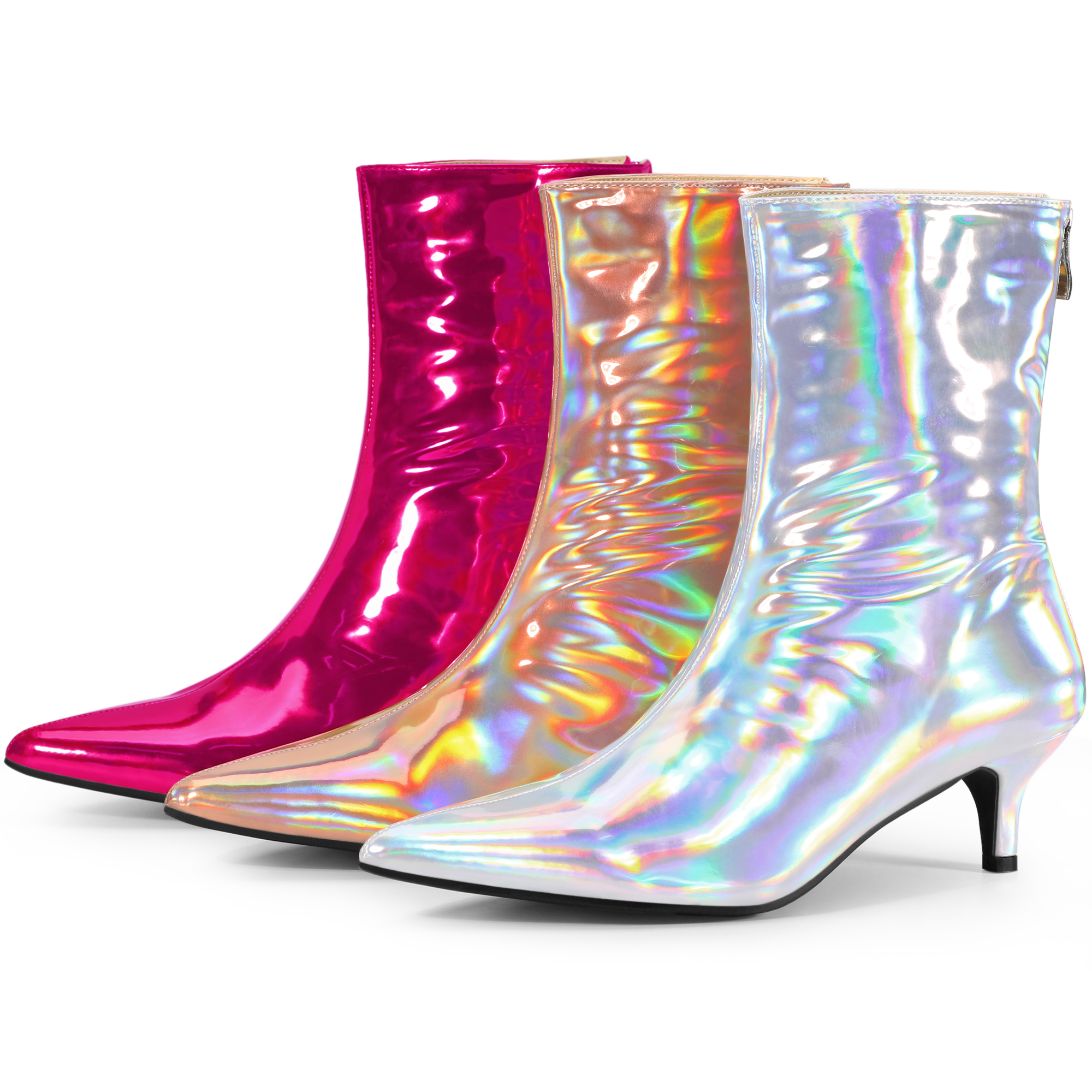 DARING DIVA Women's Shiny Kitten Low Heels Pointed Toe Ankle Boots Silver US 8.5
