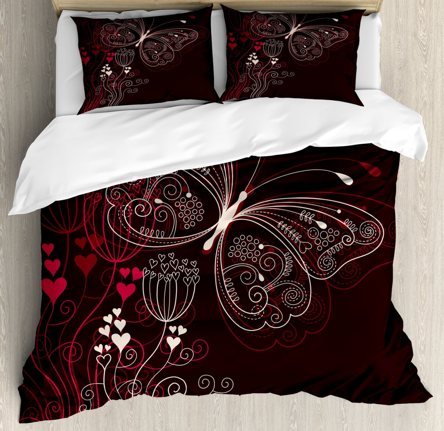 Romantic Duvet Cover Set King Size, Abstract Floral Heart Pattern with