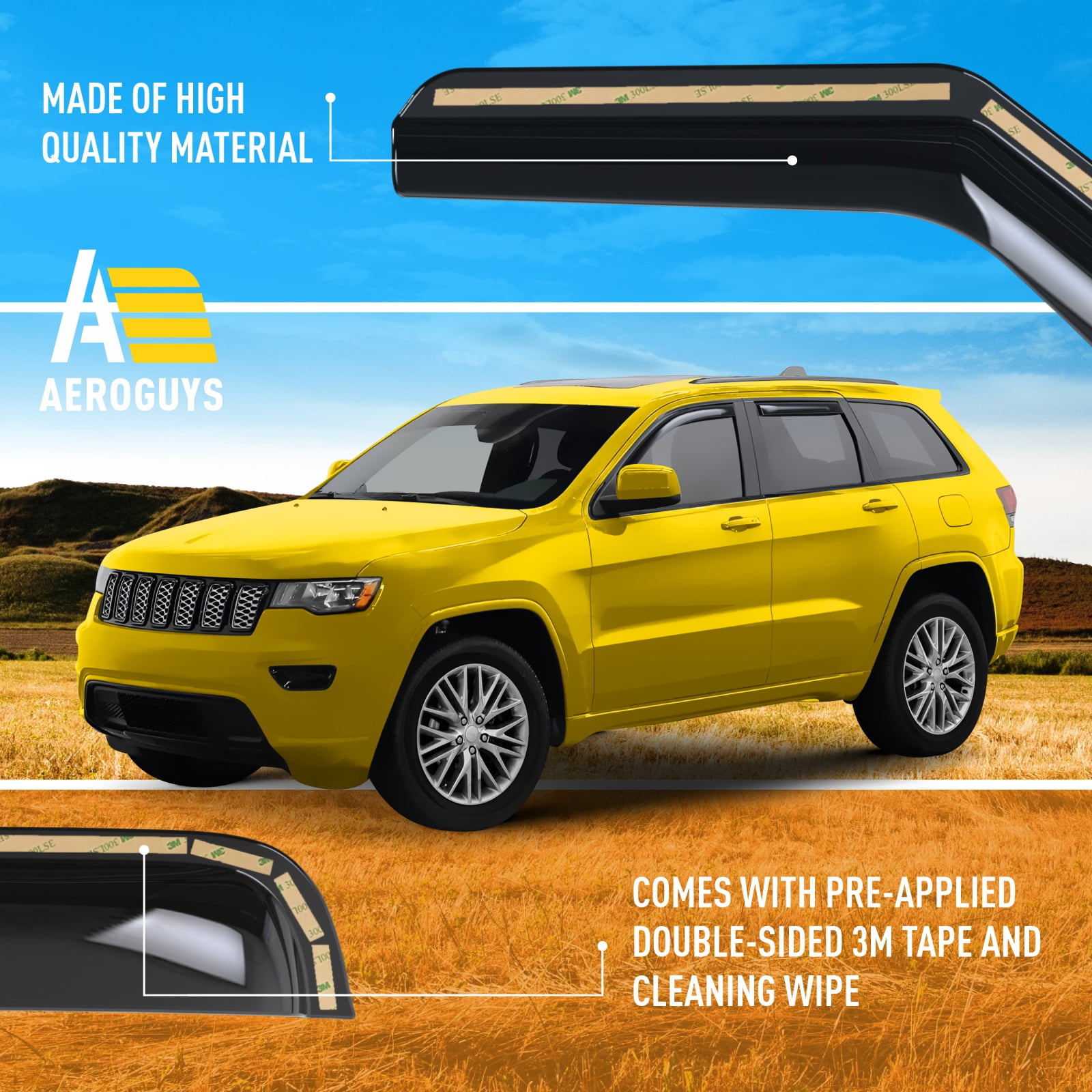 AEROGUYS in-Channel Window Deflectors Extra Durable Window Visors Rain Guards Fit for Jeep Grand Cherokee 2011-2021, Sun Visors, Wind Deflectors, Vent Visors, Car Accessories - 4pcs. AG0256
