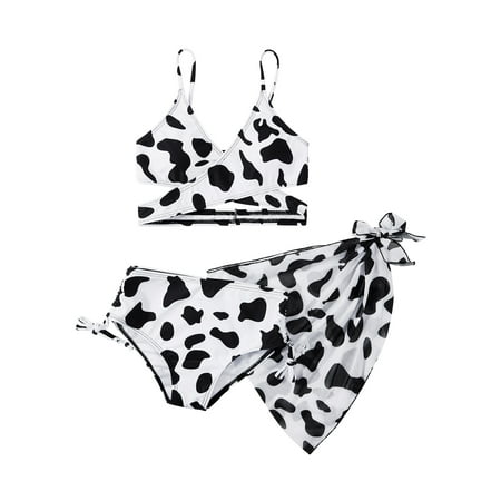 8-12T Little Girl s 3 Pieces Bikini Kids Wrap Criss Cross Swimsuit Print Swimwear with Cover Up Beach Skirt