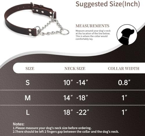 Martingale Collar for Dogs No-Pull Adjustable Training Collar with Stainless Steel Chain - Genuine Leather Anti-Slip Design for Small,Medium,Large Breed Dogs - Brown (S)