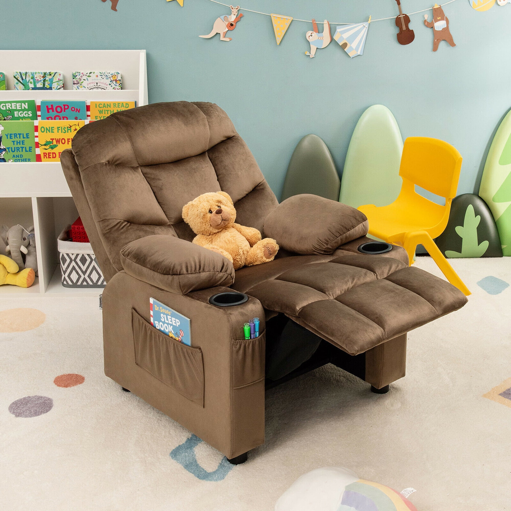 Gymax Kids Youth Recliner Chair Velvet Fabric w/Cup Holder & Side Pocket Brown