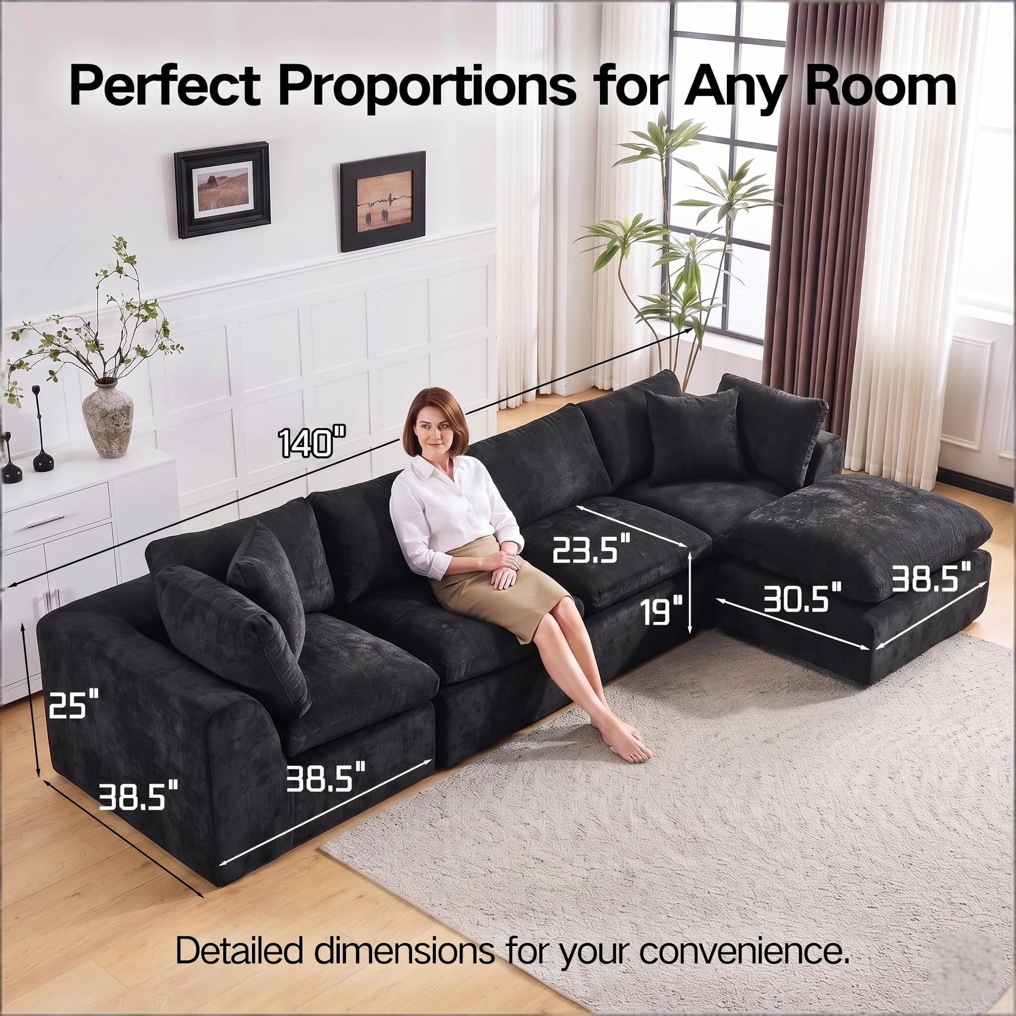 4 Seater Cloud Couch With Ottoman, No Assembly Required Modular Boneless Sofa, Comfy Deep Seat Sectional Sofa for Living Room, Bedroom, Apartment