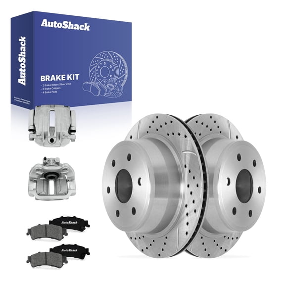 AutoShack Rear Vented Drilled & Slotted Silver Zinc Coated Brake Rotors   Premium Ceramic Pads   Calipers 8-PC Brake Kit Replacement for 2007 GMC Sierra 1500 Classic SilverShield Pro 12.8" (325 mm)
