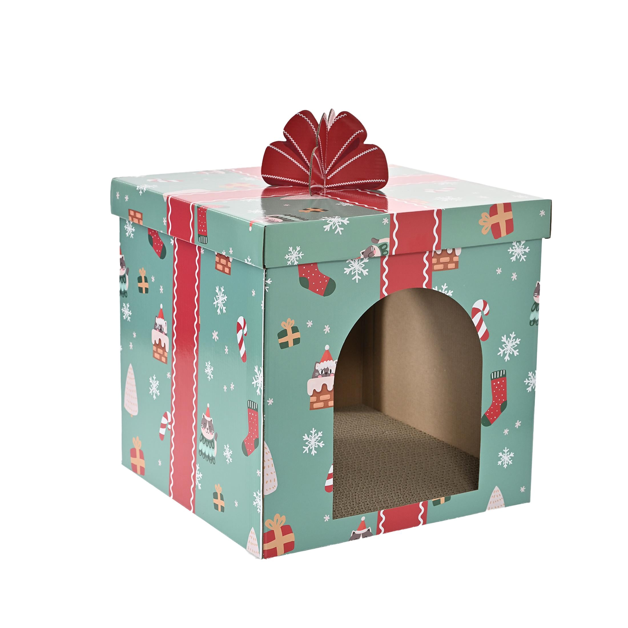 Vibrant Life Christmas Gift Box Cat Scratching House, Corrugated Cardboard Cat Cave Bed with Built-in Scratch Pad