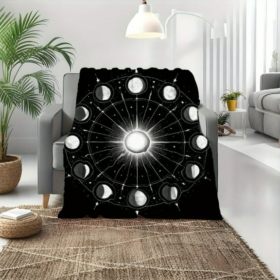 Ultra-Soft Flannel Throw Blanket with Lunar Phases & Sun Design - Black & White Astronomy Theme, 30x40 & 60x80 Inch, Lightweight All-Season Couch Bed Blanket, Machine Washable Cozy Gift for Home, Dor
