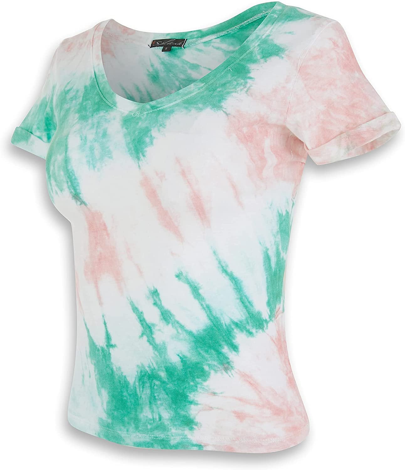 Blue Pink Stone Tie Dye T-Shirt for Teen Girls Juniors V Neck Cuffed Short  Sleeve Boxy fit X-Large