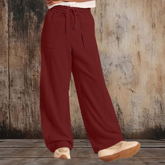 Summer Womens Linen Wide Leg Pants Casual Drawstring Solid Color Elastic Waist Sports Multi-Pocket Work Sweatpants Size S-2XL