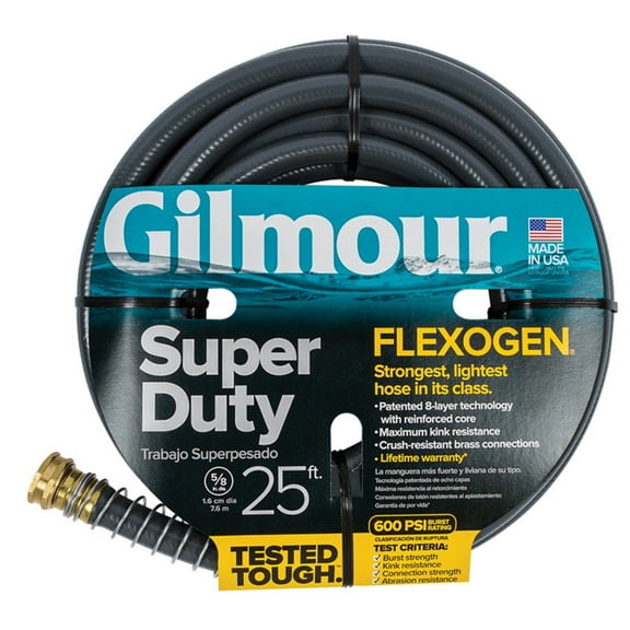 Gilmour Heavy-Duty Garden Hose, 5/8" x 25', 600 PSI, 8-Layer Construction, Kink-Resistant Design with Brass Couplings