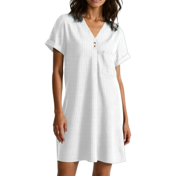 WILLBEST Vestido Playero De Lino De Color Liso De Verano Para Mujer, Manga Corta, Cuello En V, Botones, Ligero, Transpirable Y Elegante, Informal, Para Vacaciones, Viajes Y Uso Diario.