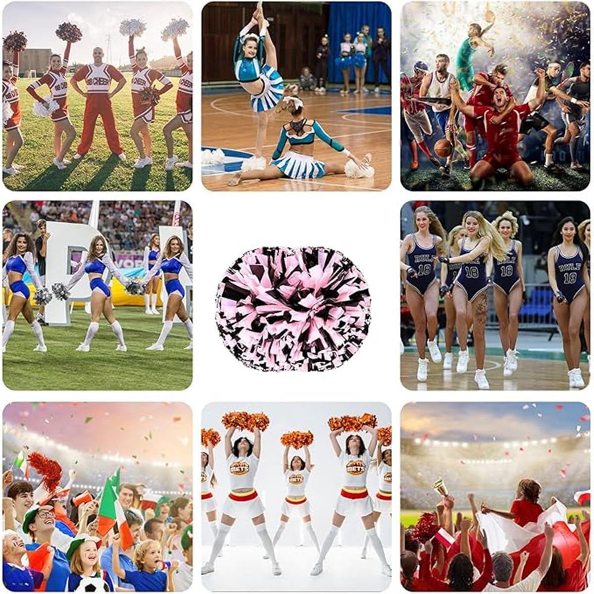 EONQY 8 Pcs Cheerleading Pom Poms with Baton Handle Cheering Squad Hand Flower for Adults Team Spirit Sports Game Dancing Party