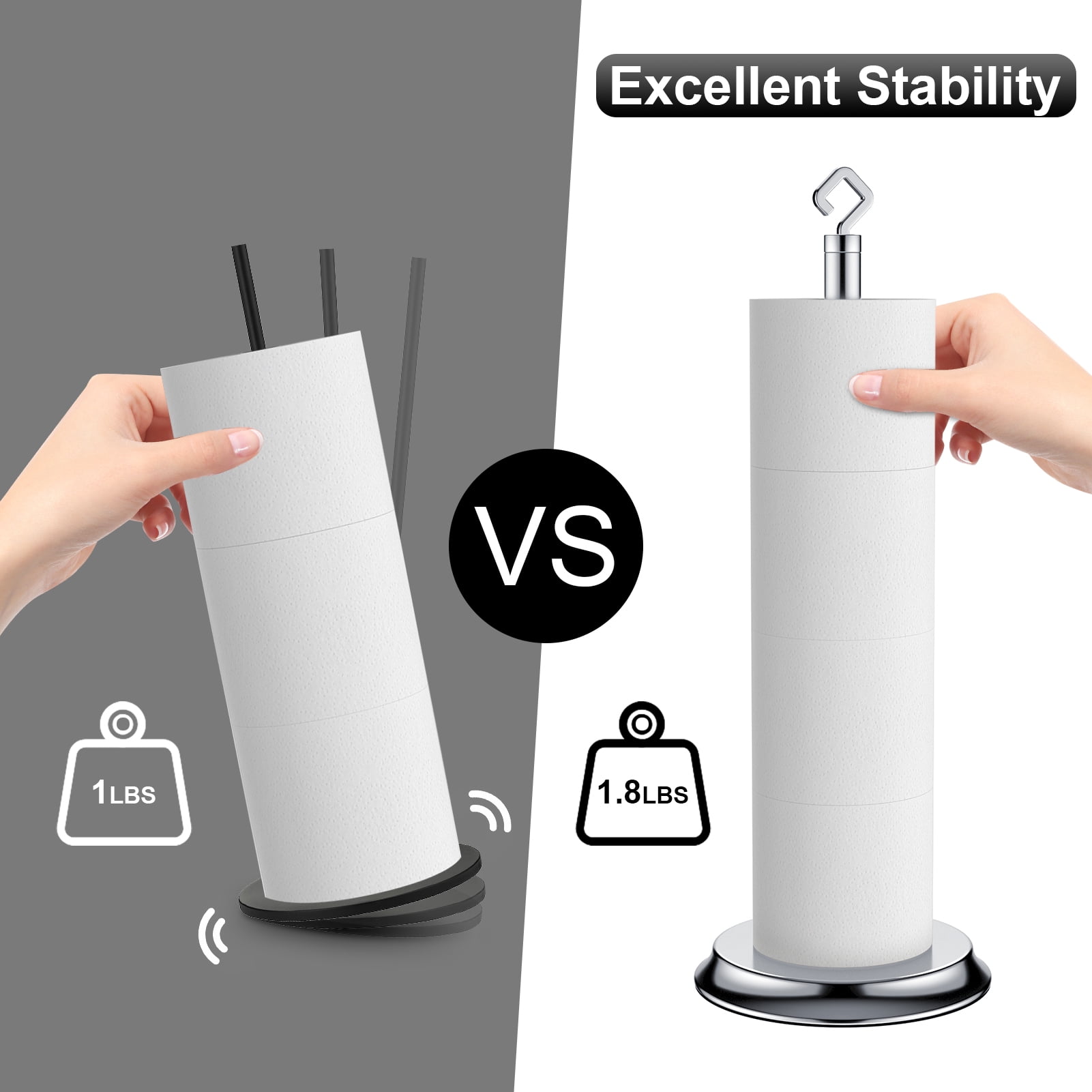KASUNTO Freestanding Metal Toilet Paper Holder with Anti-Rust Treatment and Hook (Poilshed Chrome)