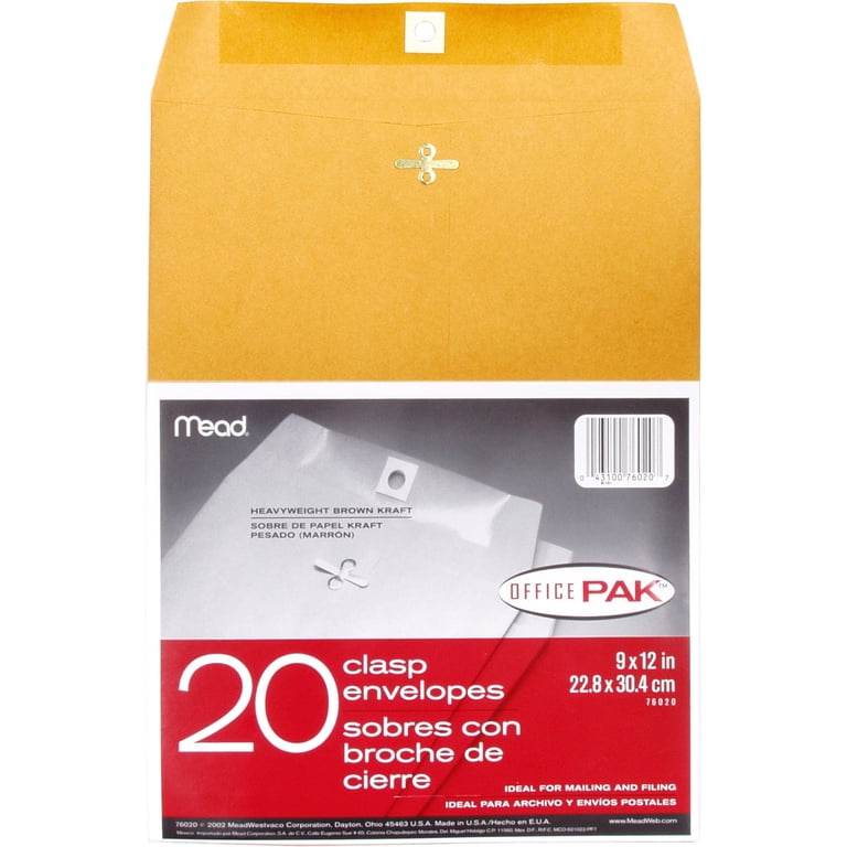 Mead, Clasp Envelopes, 9 x 12 Brown Kraft, Heavyweight Pack of 20