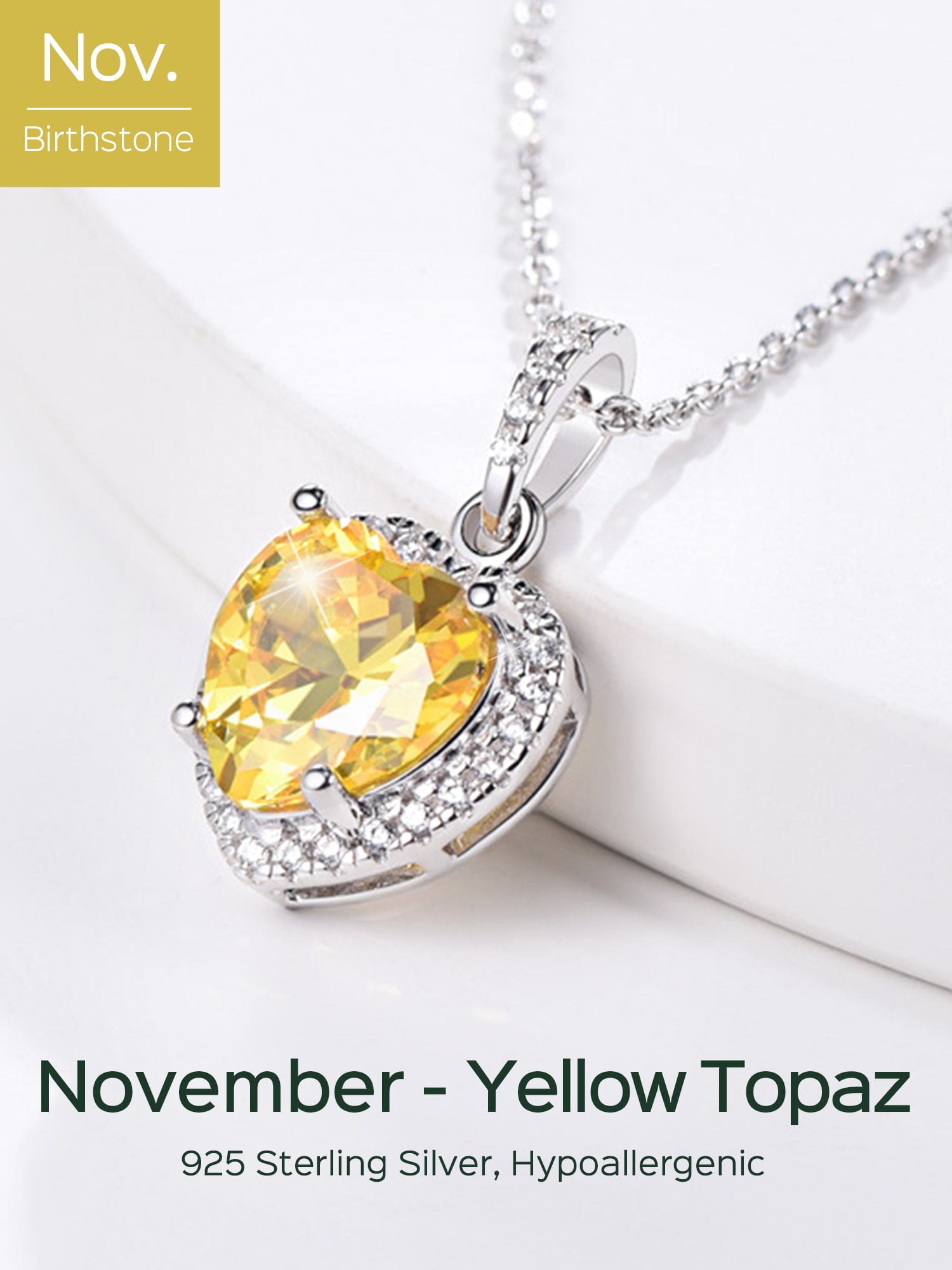 ChicSilver 925 Sterling Silver Heart Pendant Necklace Simulated Yellow Topaz  Birthstone Necklace 