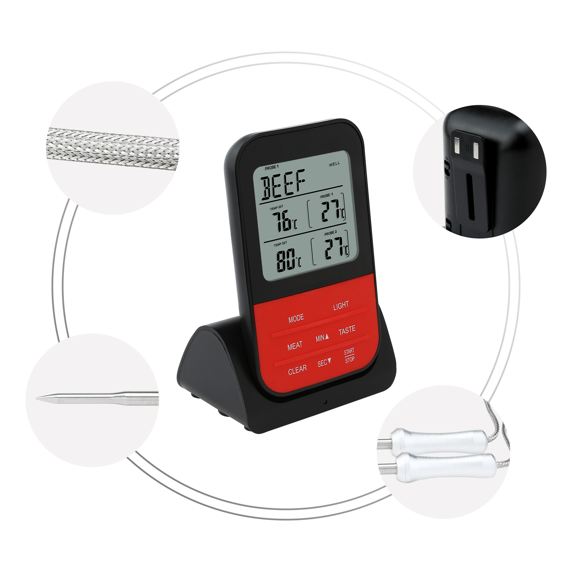 Digital Meat Thermometer with 2 Temperature Probes, Food Thermometer with Colored LCD for Kitchen Black Handle Probe
