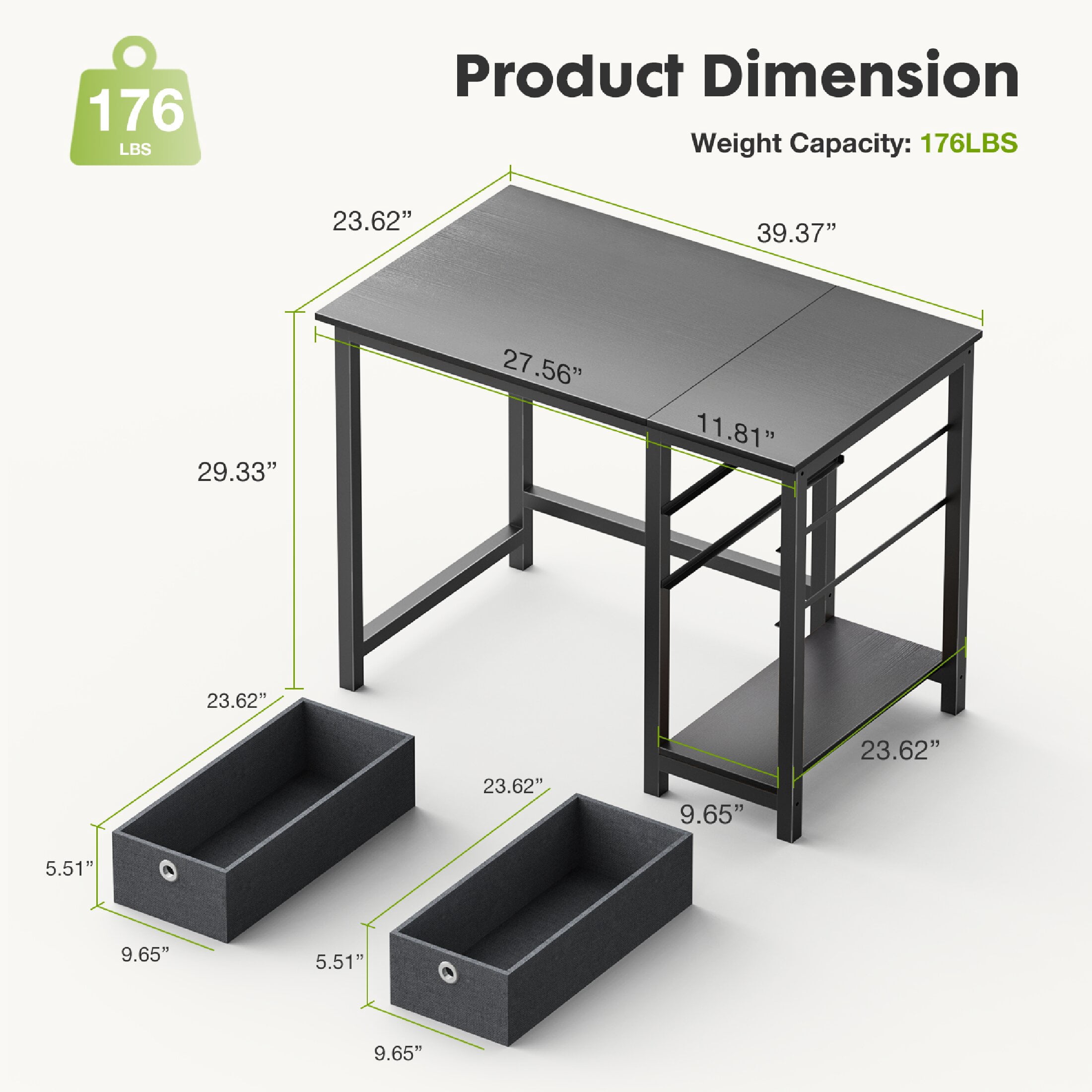 CONCETTA Computer Desk with Storage Drawers, For Office Home Bedroom, With 2-Tier Drawer, 40 Inch - Black