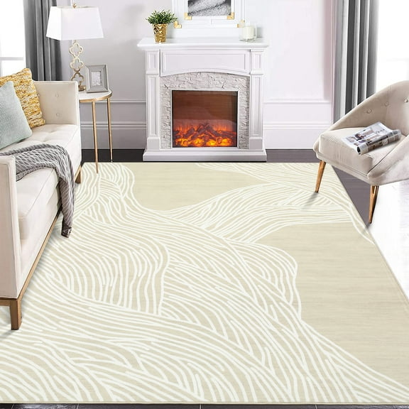 GlowSol 8x10 Washable Rug for Living Room Indoor Stripes Print Accent Rug Soft Faux Wool Rug Non Slip Backing Low Pile Rug for Dining Room Office, Beige White
