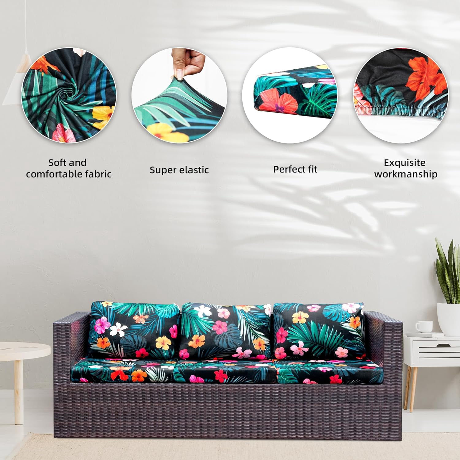 8Pcs Stretch Patio Cushion Covers,Outdoor Couch Covers Replacement,Outdoor Couch & Sofa Slipcovers,for Patio Furniture Cushion Covers,Washable Reusable urniture Protector (Flowered Leaves,Cover Only)