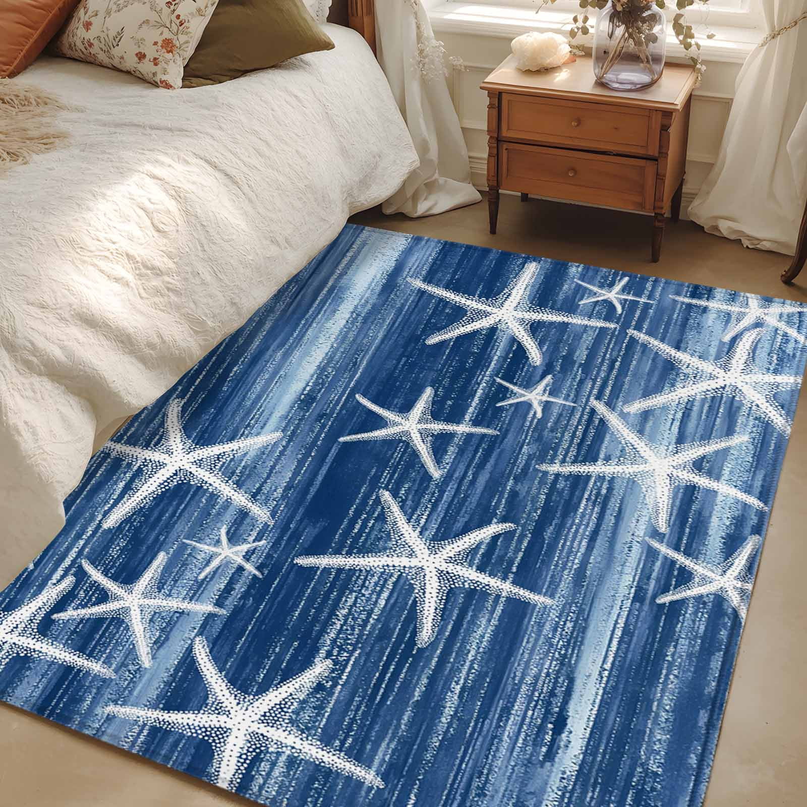 Navy Blue Coastal Area Rugs 3'x5', Washable Small Throw Rugs for Living Room Bedroom, Summer Ocean Waves Ombre Sea Starfish Indoor Outdoor Rug Non-Slip Low Pile Carpet Runner Reversible Floor Mats