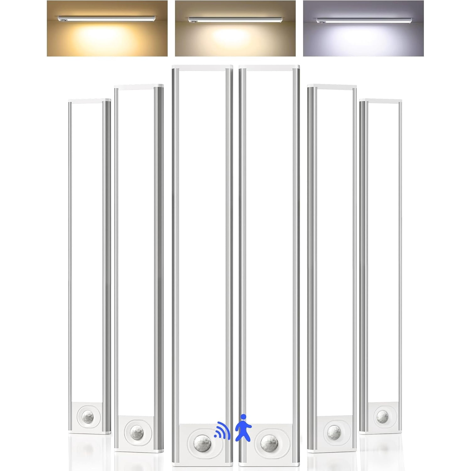 16inch Under Cabinet Lighting, 6Pack Rechargeable Motion Sensor Light Indoor, Magnetic Closet Lights with Dimmable & 3 Color Temps, Wireless Under Counter Lights for Kitchen, Stairs
