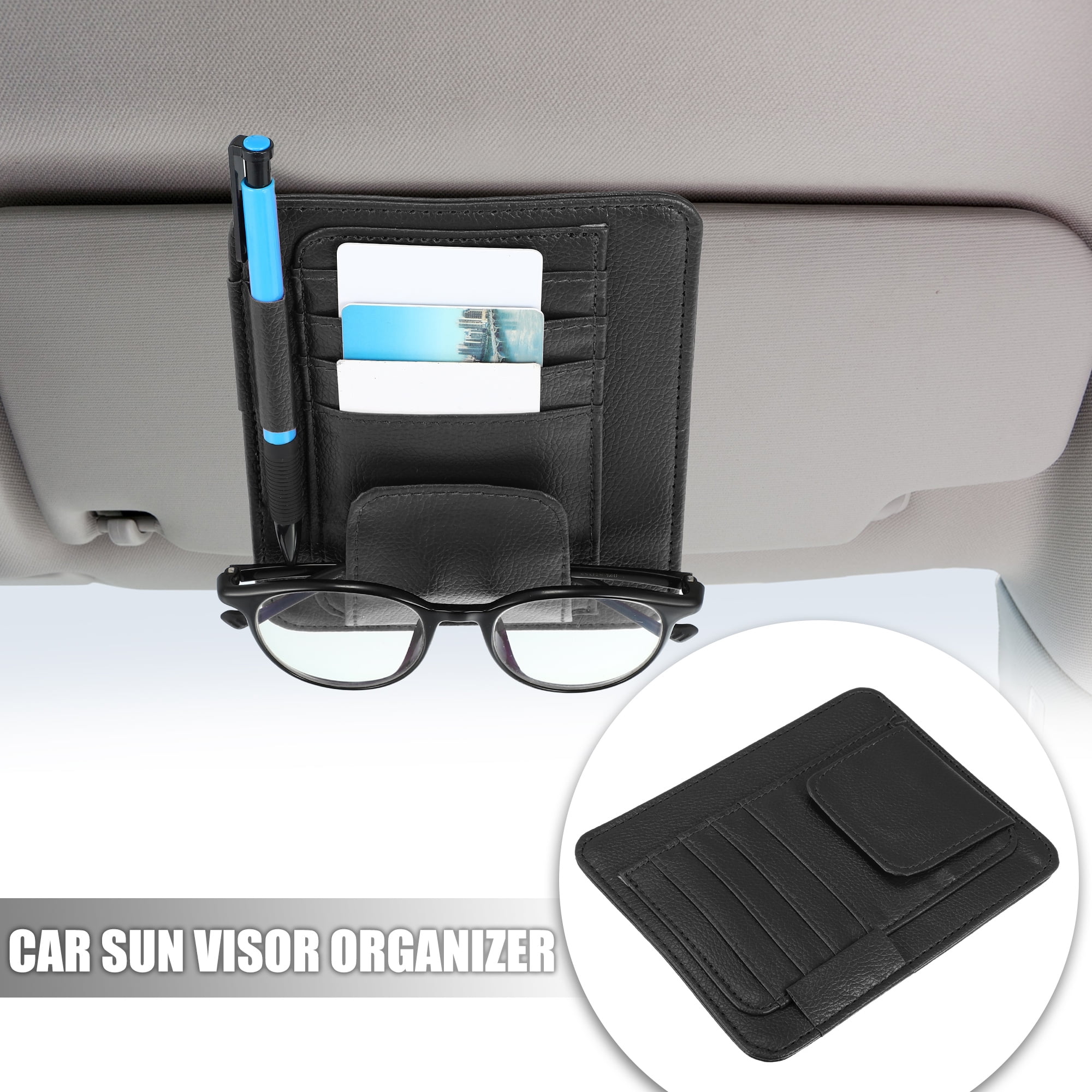 Unique Bargains PU Leather Car Sun Visor Organizer Glasses Holder and Card Holder Black