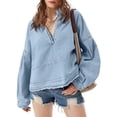 thumbnail image 5 of Olyvenn Stylish Womens Denim Tops Pullover Trendy Casual V Neck Loose Fit Puff Sleeve Jean Cotton Shirts Denim Pullover Long Sleeve Raw Hem Casual Jean Tops Light Blue 10, 5 of 8