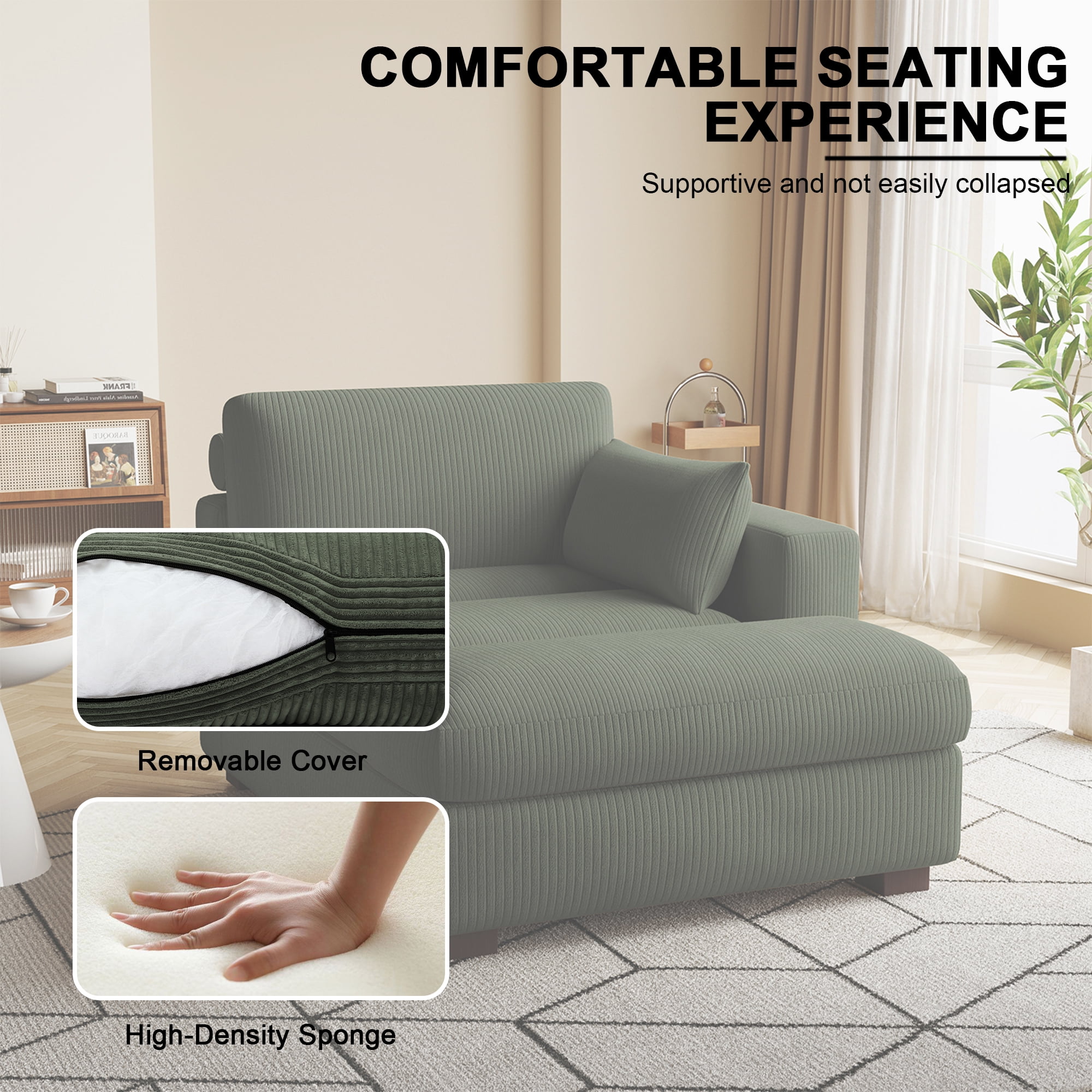 UIXE Chaise Lounge Indoor Upholstered Corduroy Sofa with Left Armrest for Living Room Bedroom, Green