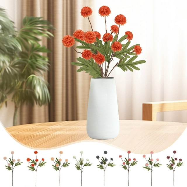 Arreglo floral artificial de bola de crisantemo y cebollín 5 cabezas | Decoración floral falsa de tela de seda | Colocación del jarrón de mesa de mesa de boda suave | Gris, Vino, Blanco, Naranja