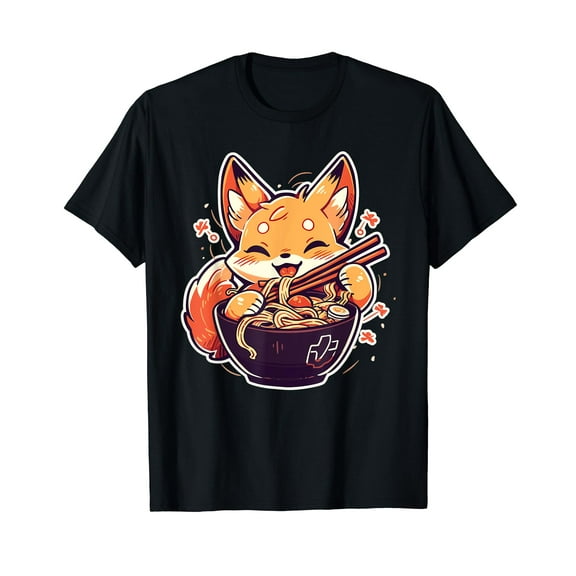 Cute Japanese Anime Kawaii Fox Eating Ramen Men Women Boy Girls Teens T-Shirt
