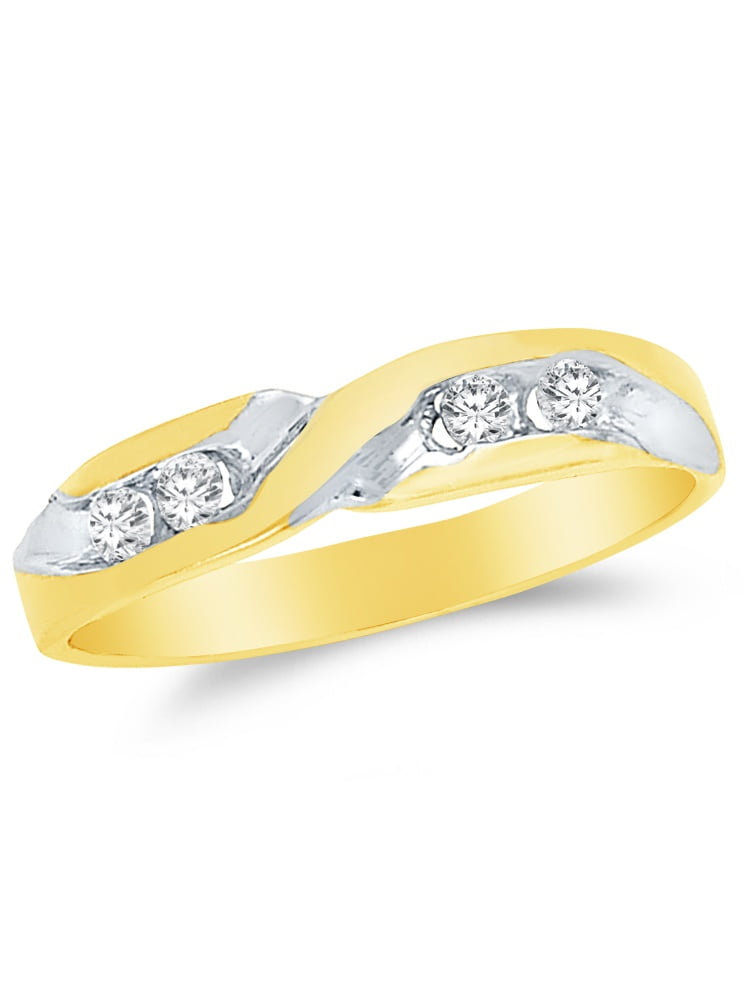 Mens Solid 14k Two 2 Tone White and Yellow Gold Wedding Band CZ Cubic Zirconia 0.1 ct.