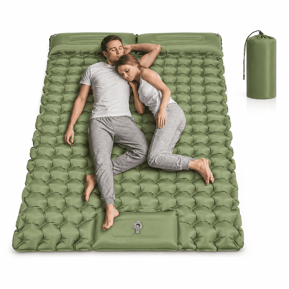 Double Camping Sleeping Pad, Inflatable Double Sleeping Pad, 4" Extra-Thick for 2 People With Pillows, Built-In Foot Pump, Portable Camping Mat for Backpacking, Hiking, Traveling, Tent