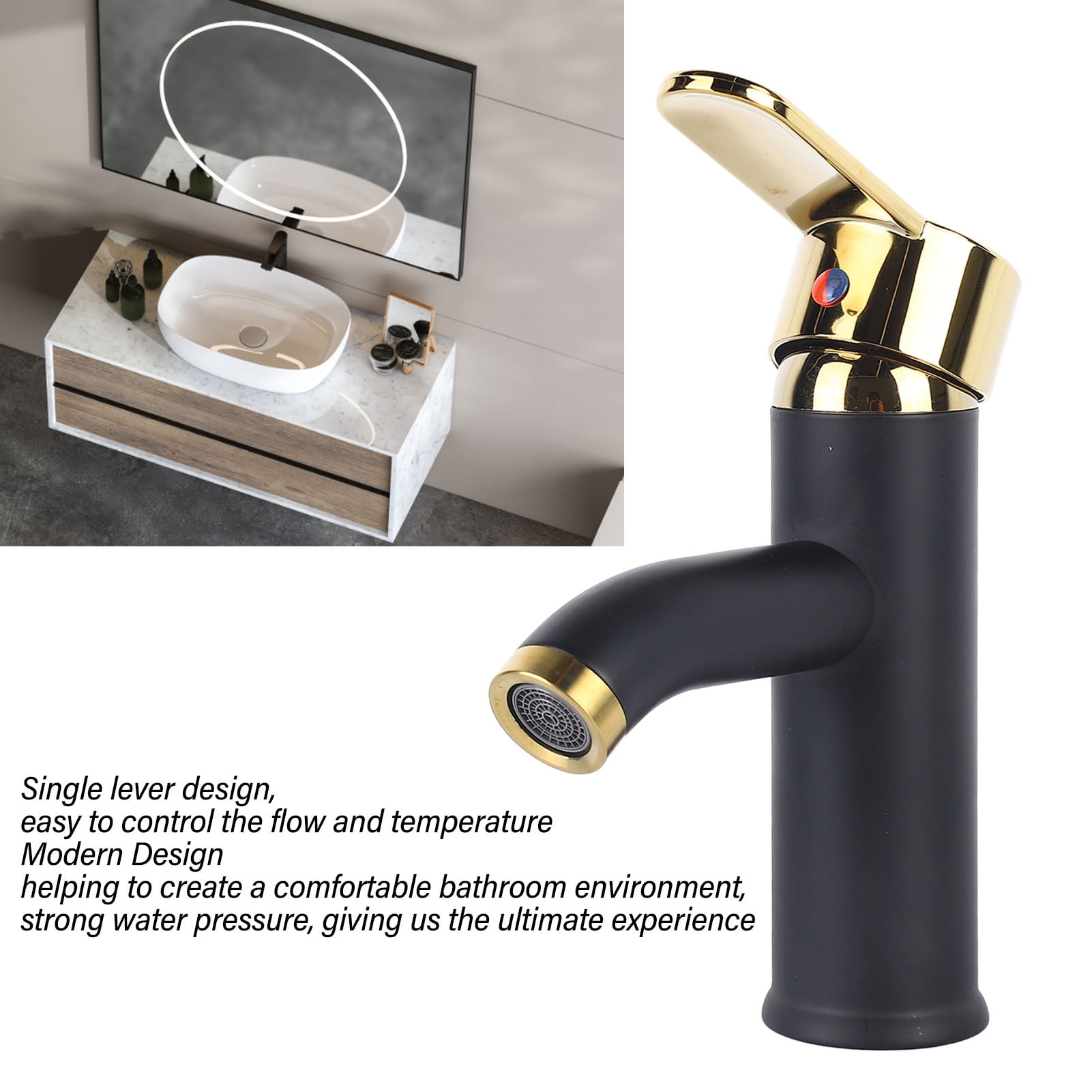 YAHHU Bathroom Sink Faucet Single Hole Single Handle Hot Cold Stainless Steel Basin Mixer Tap Black Gold with 23.6 in / 60 cm Inlet Pipes