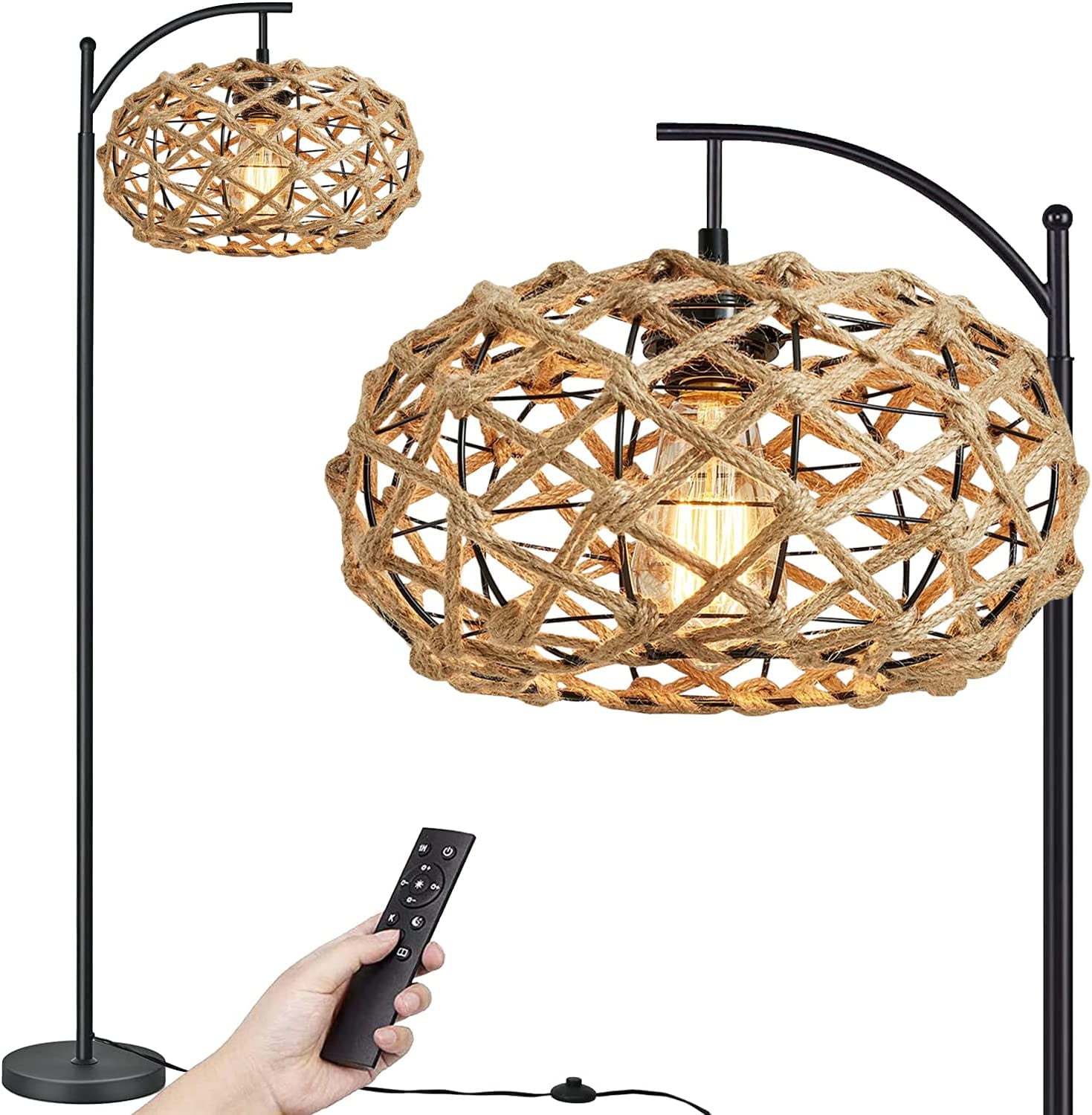 FULDA Arc Floor Lamp Rattan with Remote for Living Room Bedroom