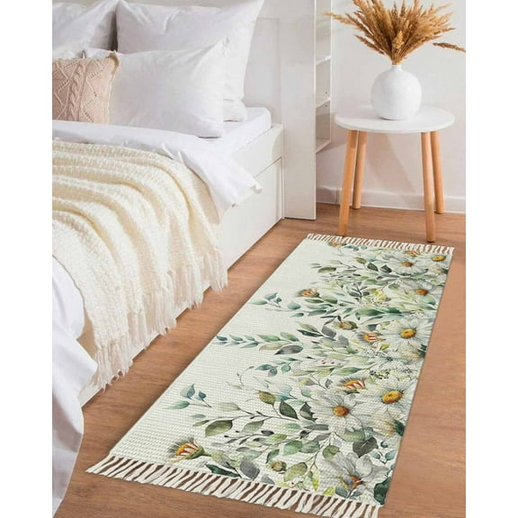 Eucalyptus Leaves Hallway Runner Rug 2x6ft,White Daisy Spring Floral Summer Botancial Washable Woven Living Room Bedroom Kitchen Bathrom Carpet with Tassels,Indoor Outdoor Throw Door Mat for Entryway
