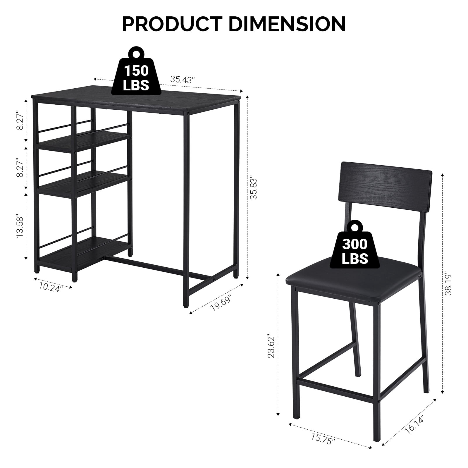 Ktaxon 3 Pieces Dining Table Set for 2, Counter Height Bar Table Set with Storage Shelves, Pub Table and Padded Chairs for Dining Room, Kitchen, Modern Black