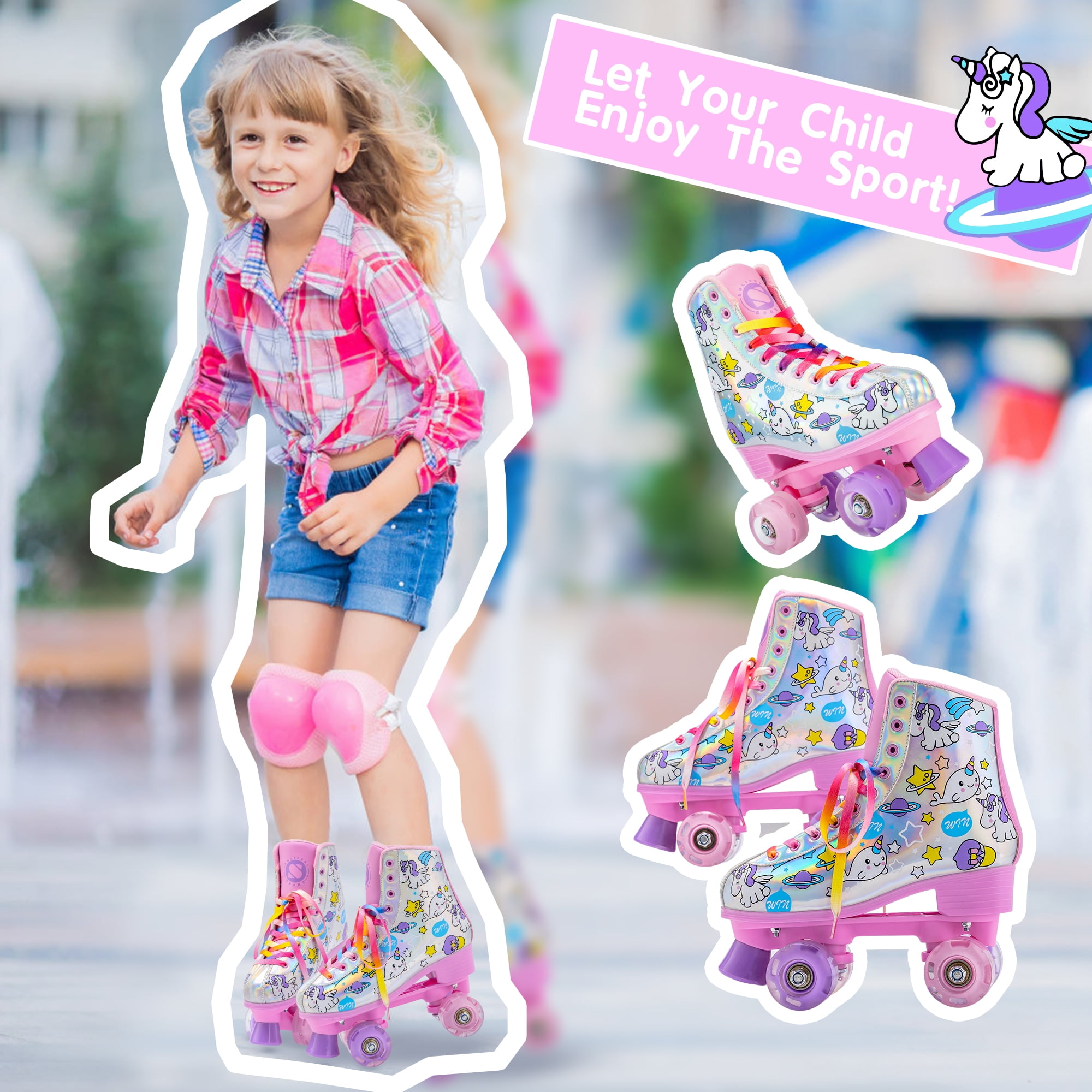 Roller Skates for Girls Light up Wheels Kids with High Top Reflective TPU Leather Rainbow Unicorn