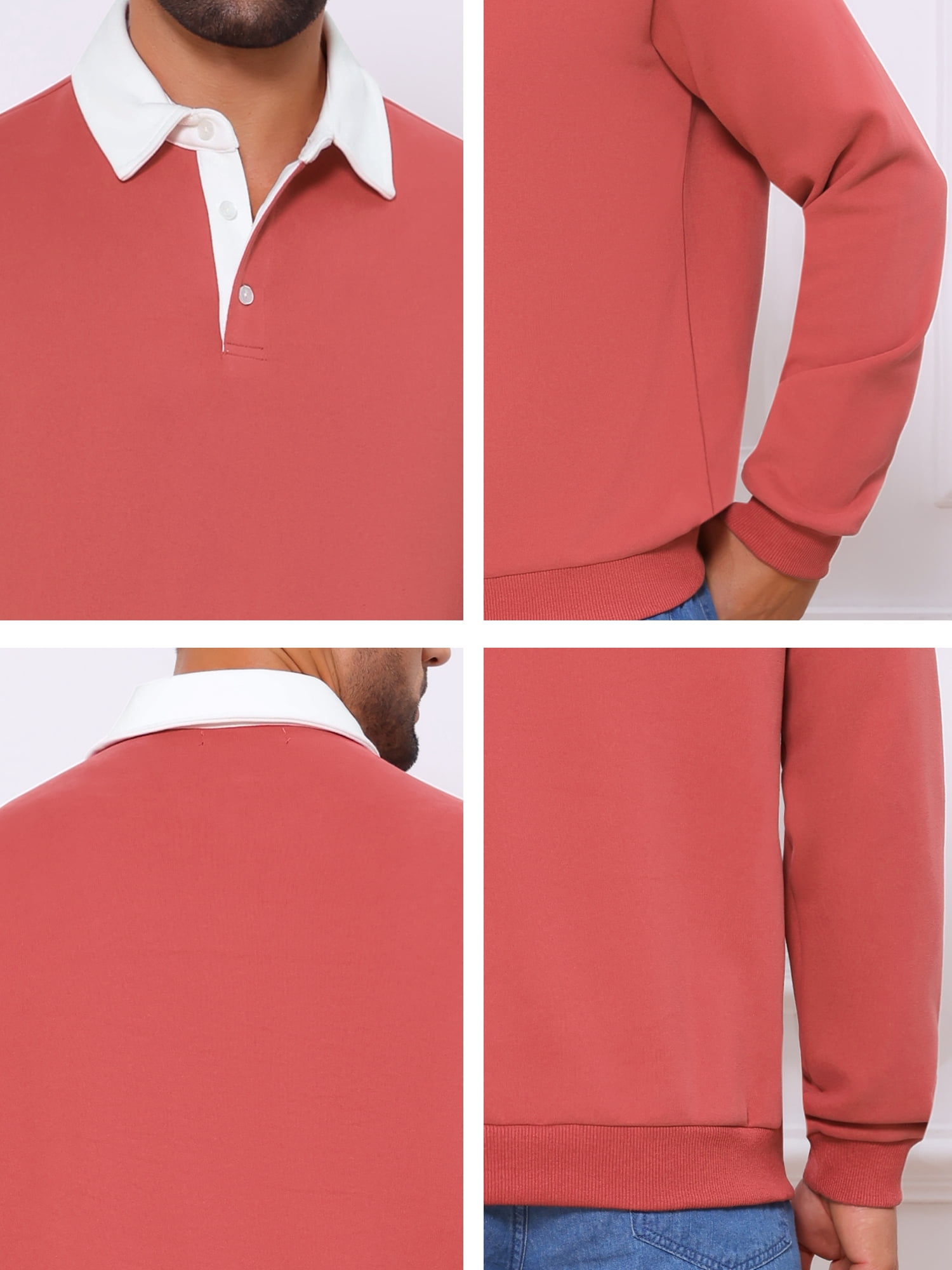DARING DIVA Men's Contrast Collared Long Sleeves Pullover Polo Sweatshirt M Red