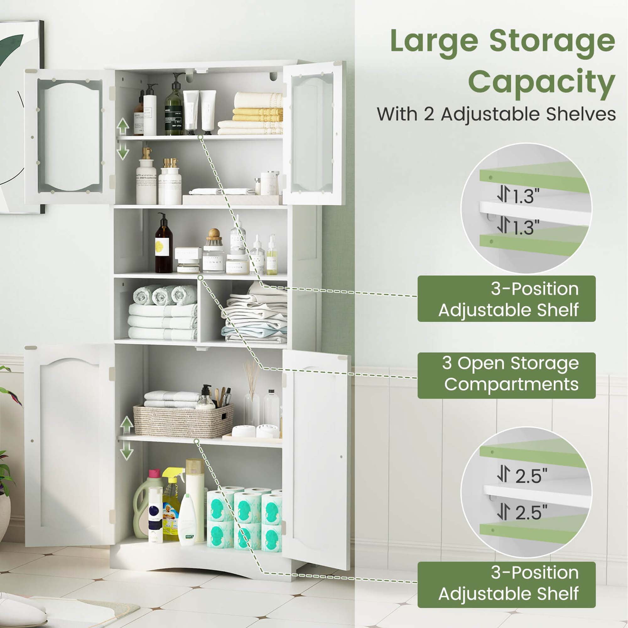 Costway 58.5" Tall Bathroom Storage Cabinet Freestanding Linen Cabinet with Shelves White