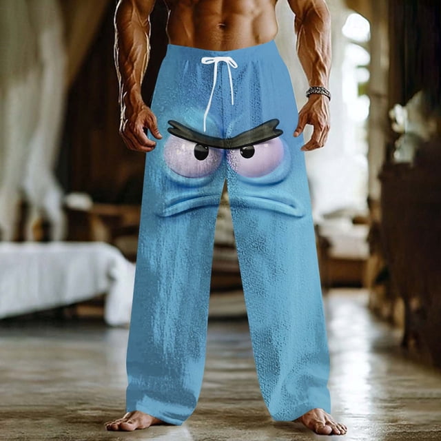 Ceisia Men's Fun Cartoon Annoyed Face Print Loose Casual Pants with Elastic Drawstring Waist Sky Blue XXXXL Gifts