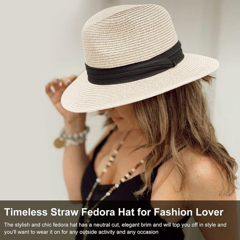 UPF 50+ Straw Sun Hat - Breathable Lightweight Roll Up Panama Fedora for Travel Women Straw Fedora Beach Sun Hat Wide Brim Panama Roll up  main image 2